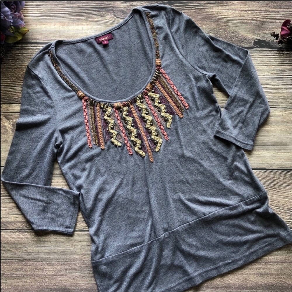 Anthro Lulumari Embroidered Studded Boho knit top